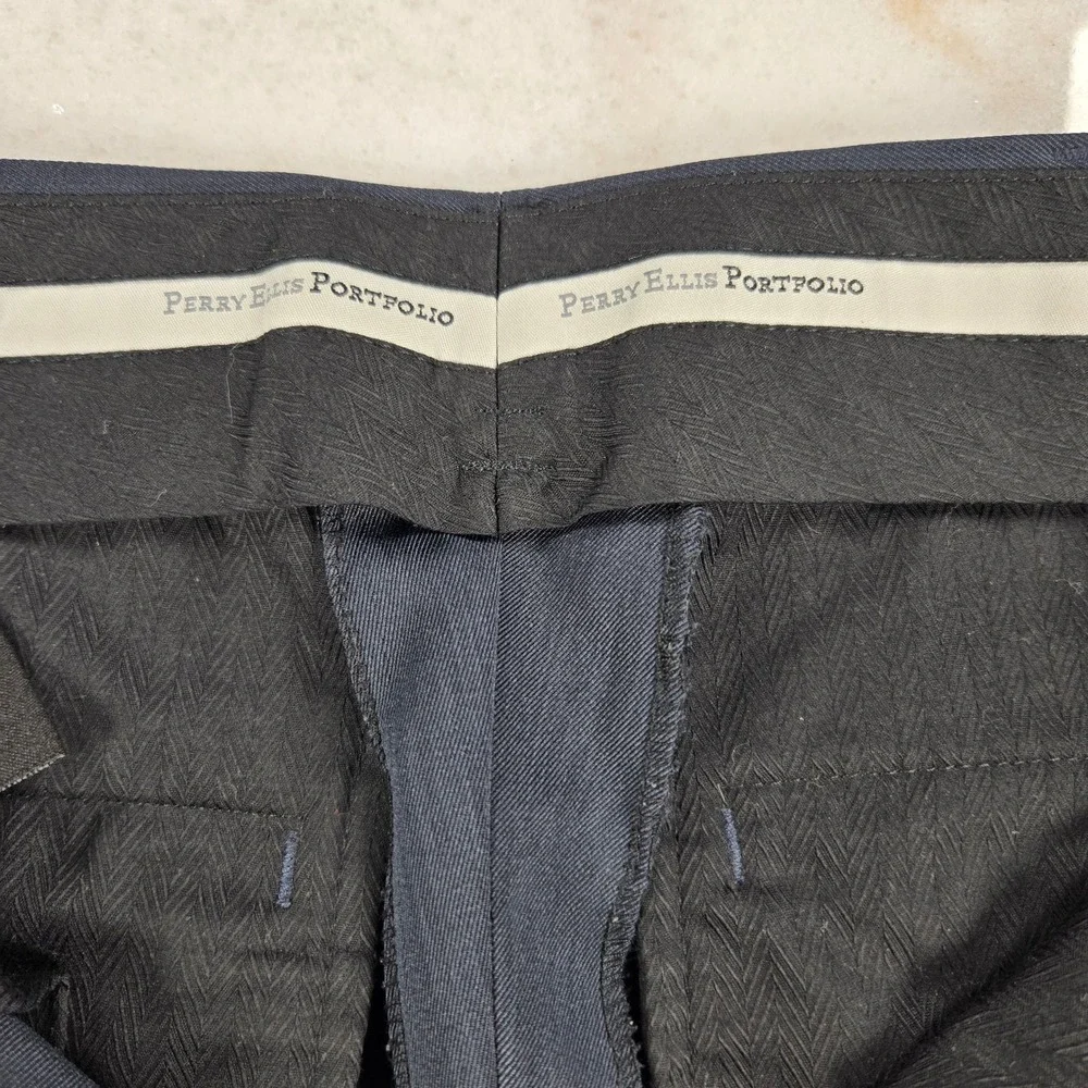 Perry Ellis Portfolio Dress Pants Mens 30/30 Blue Pleated Office Sharkskin Style